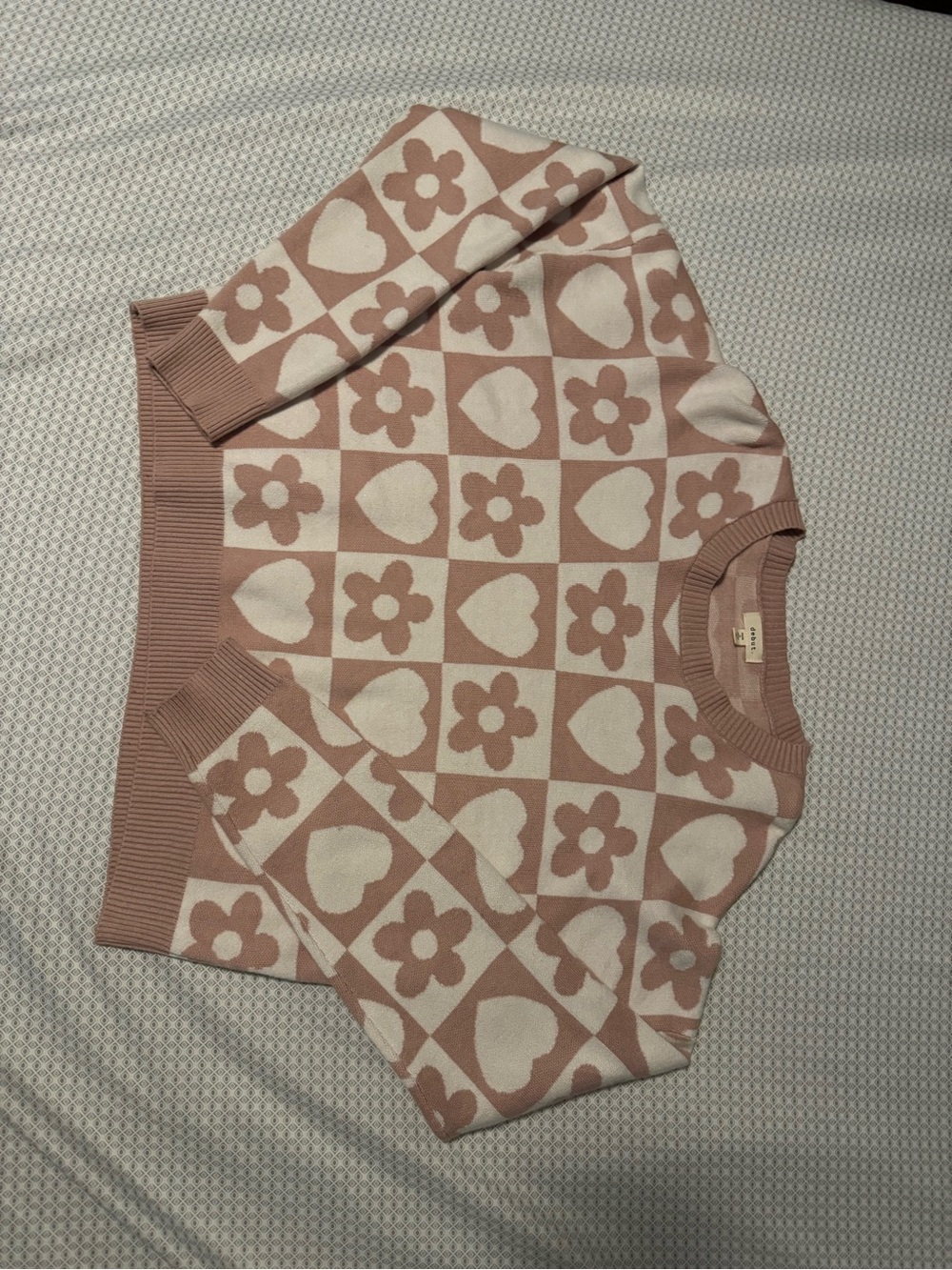 debut Pink and Cream Checker Heart & Flower Crewneck Sweater
